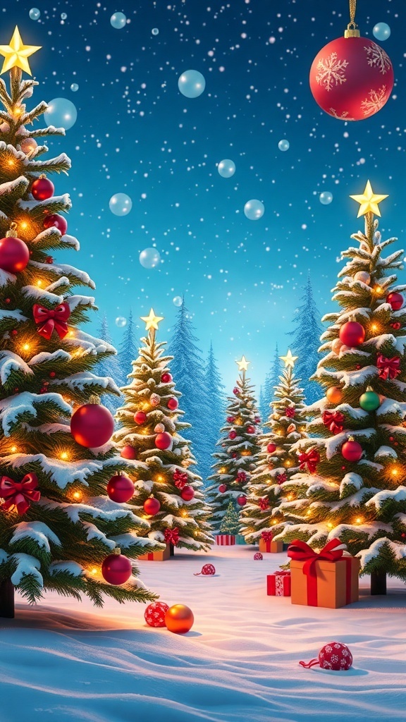 Christmas Background for Google Slides A cheerful Christmas background with snowflakes and Christmas trees for Google Slides.